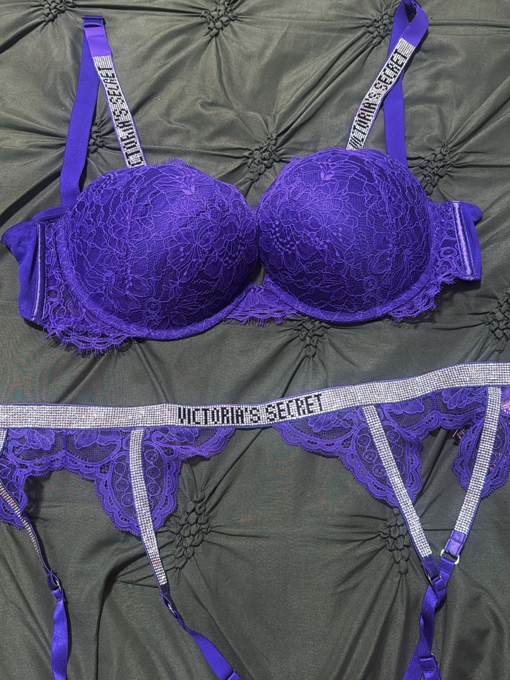 Victoria’s Secret Purple Lace Push-Up Bra and Garter Set